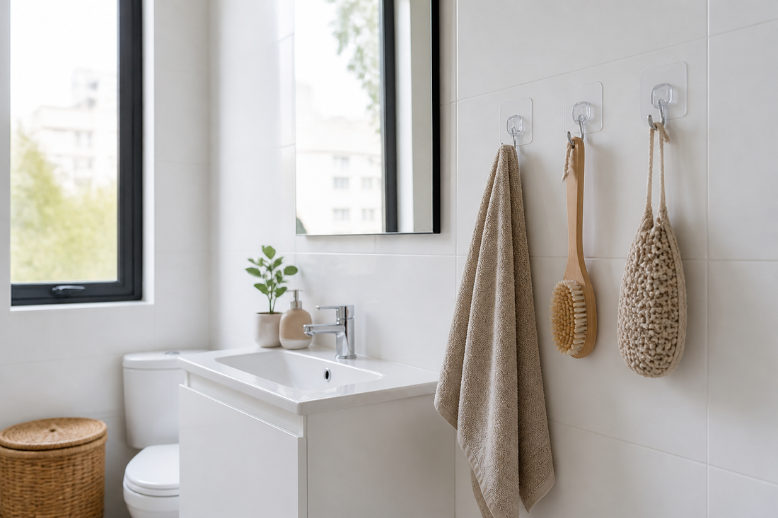 Gancho adhesivo para baño instalado sobre cerámica lisa con una toalla de mano