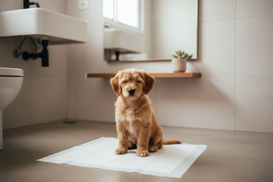 Cachorro usando una sabanilla en el baño de un departamento