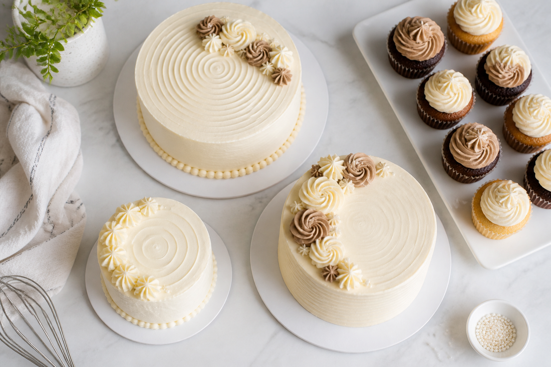 Tortas pequeñas de distintos diámetros junto a cupcakes para calcular porciones.