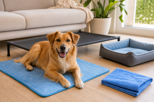 Perro descansando junto a opciones de cama refrescante, cama elevada y manta de gel para verano