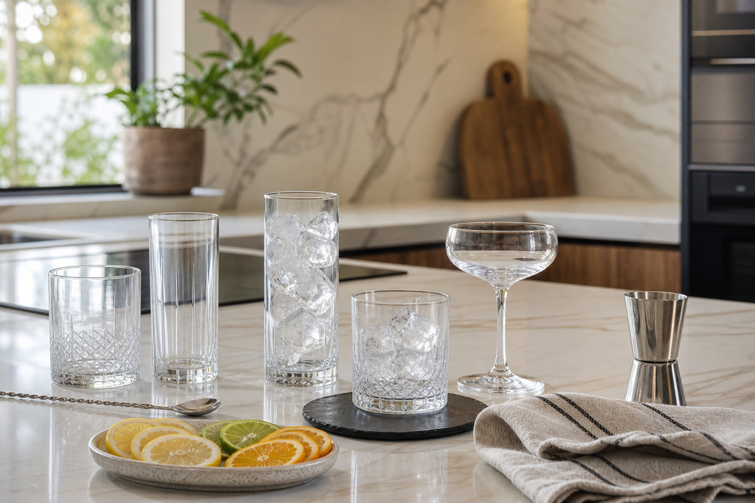 Diferentes vasos para cóctel sobre una mesa con hielo y utensilios de bar