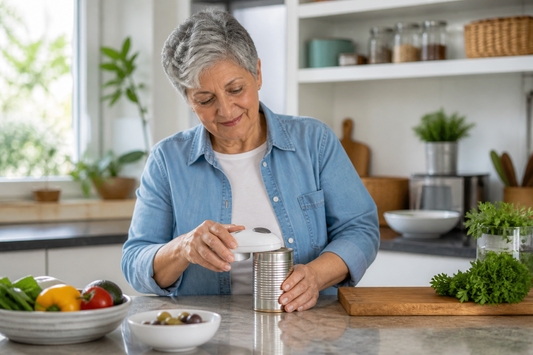 Adulto mayor usando un abre latas eléctrico sobre el mesón de la cocina