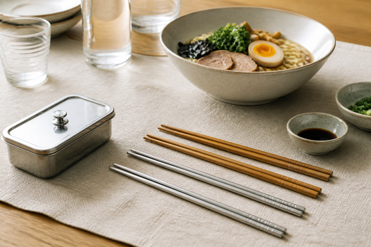 Palillos chinos reutilizables limpios sobre mesa con ramen, vasos de vidrio, pocillos y vajilla de acero inoxidable.