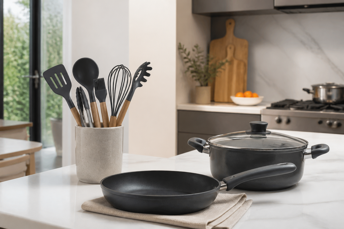 Set de utensilios de cocina esenciales de silicona sobre un mesón moderno