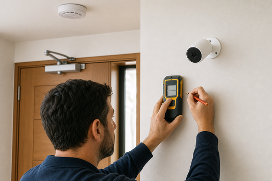 Persona usa un detector de vigas antes de instalar una cámara de seguridad en un muro