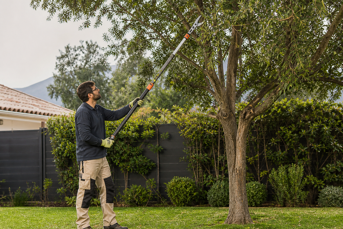 Persona utilizando una podadora de altura manual desde el suelo en un jardín de casa
