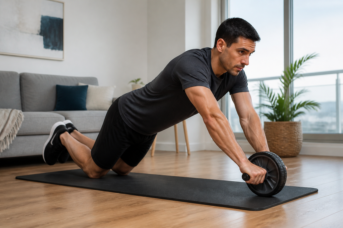 Persona realizando rueda abdominal de rodillas con postura lumbar controlada en casa
