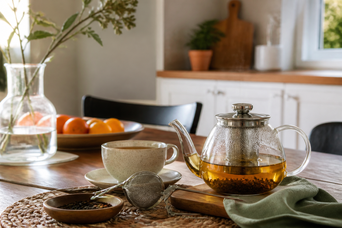 Tetera para té de vidrio con infusor y una taza servida sobre mesa de cocina