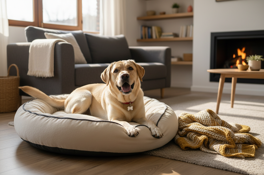 Cama de mascota con manta suave en un living chileno durante invierno
