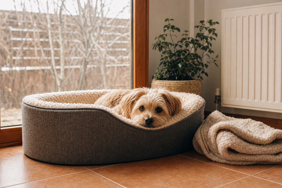 Perro descansando en una cama abrigada de invierno sobre piso frío