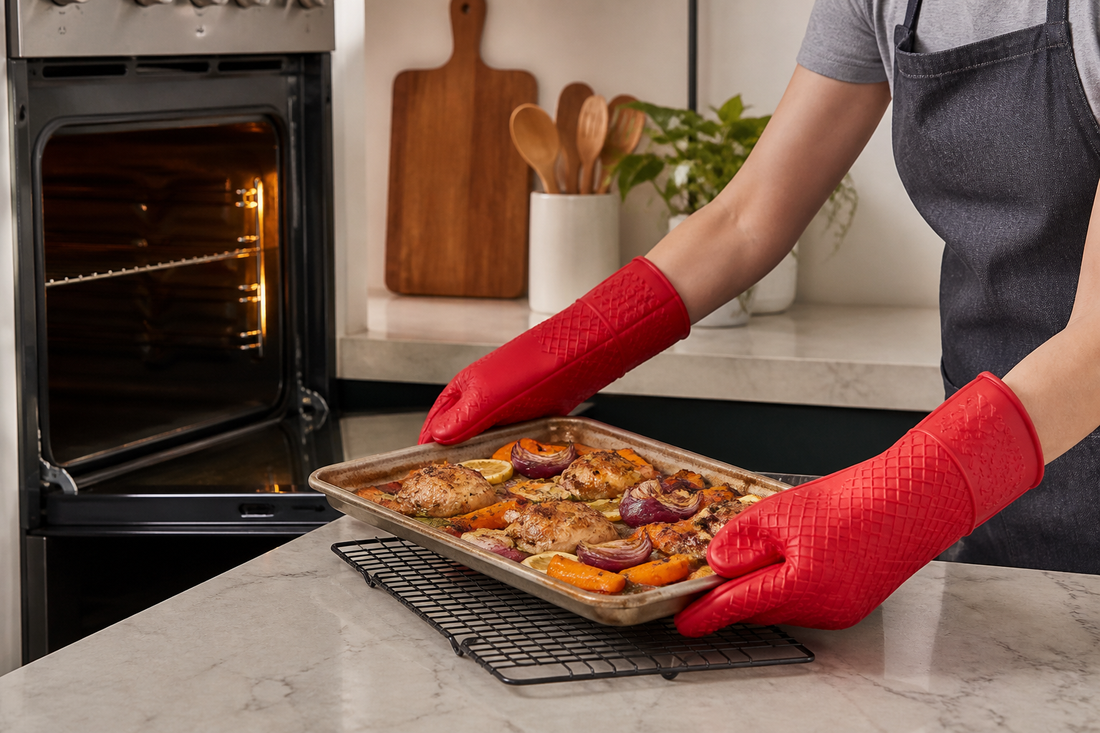 Persona retira una bandeja caliente del horno con guantes de silicona rojos