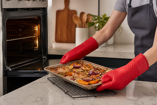 Persona retira una bandeja caliente del horno con guantes de silicona rojos