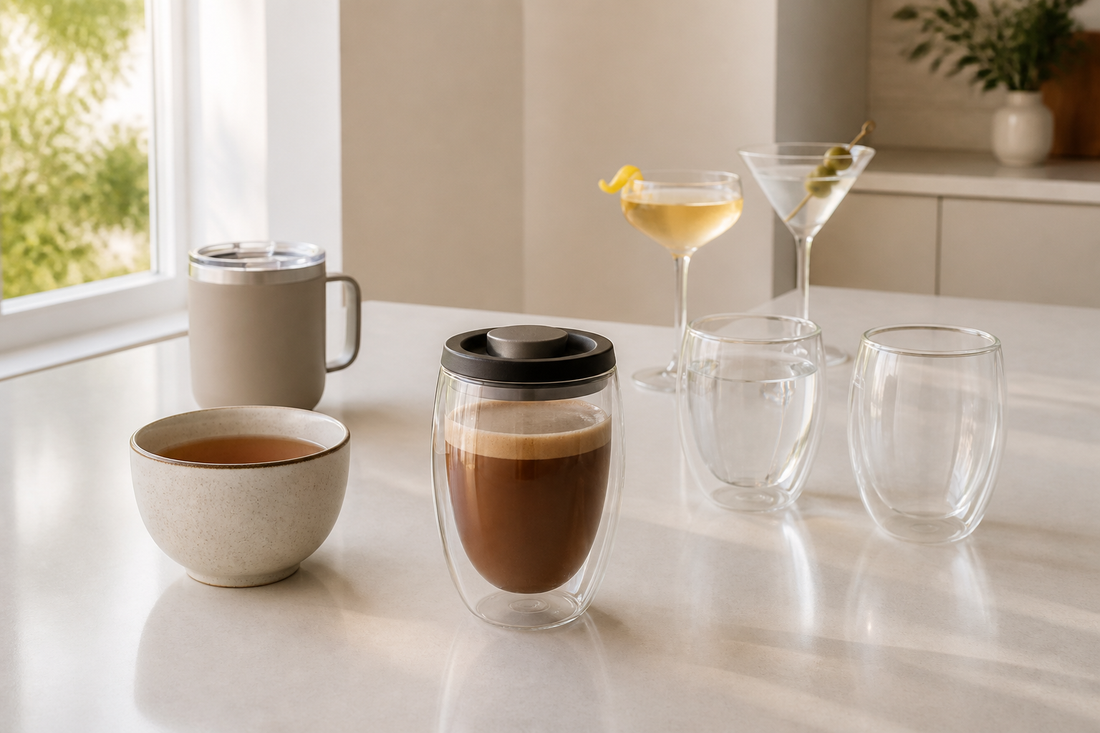 Vaso doble pared con café, tazón, mug térmico y copas sobre mesa de cocina