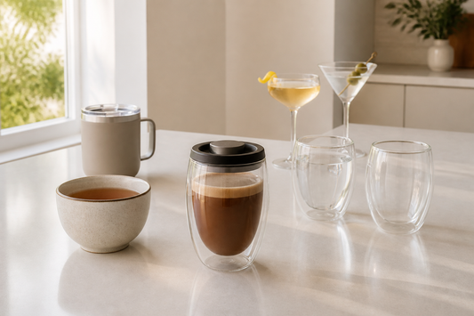 Vaso doble pared con café, tazón, mug térmico y copas sobre mesa de cocina