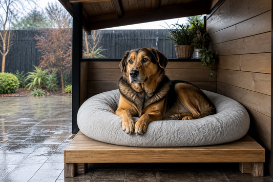Perro grande descansando en una cama seca y elevada dentro de un refugio techado en un patio lluvioso.