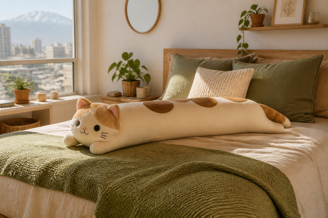 Peluche gato largo usado como almohada y decoración sobre una cama acogedora