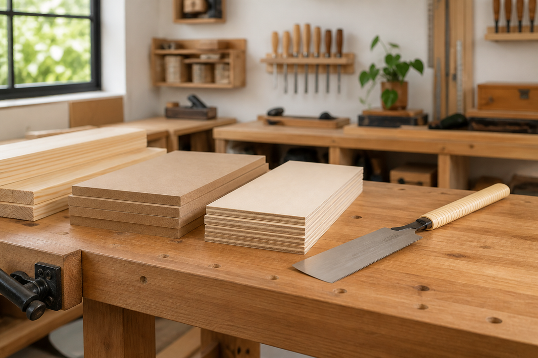 Sierra japonesa sobre banco de carpintería con madera, MDF y terciado