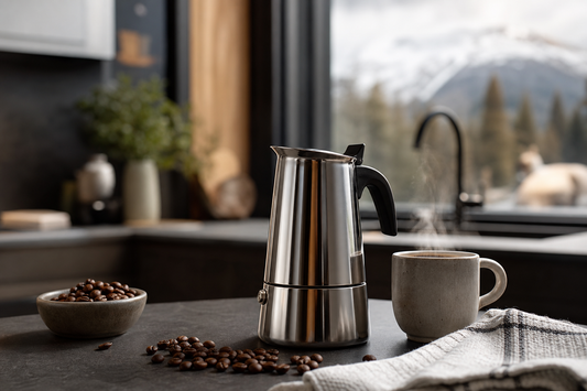 Cafetera italiana preparando café en casa en una cocina moderna