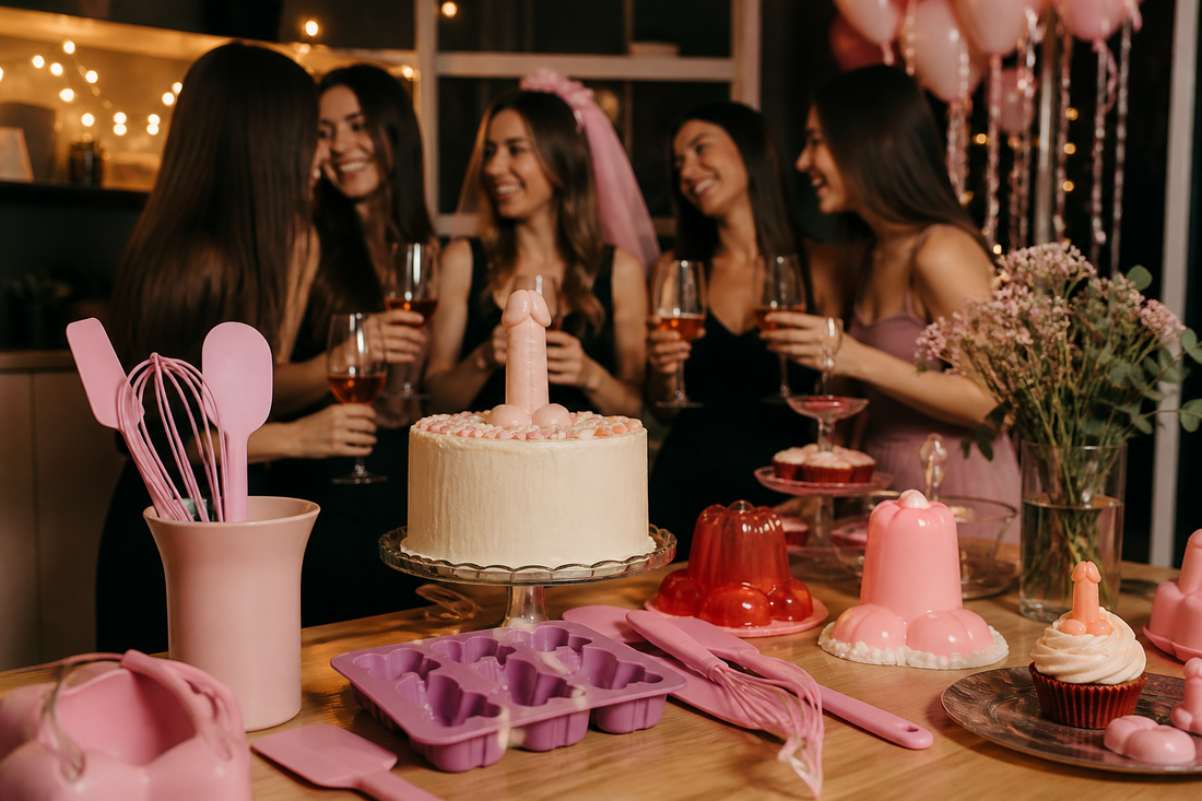 Mesa de despedida de soltera con repostería temática y moldes de silicona para adultos