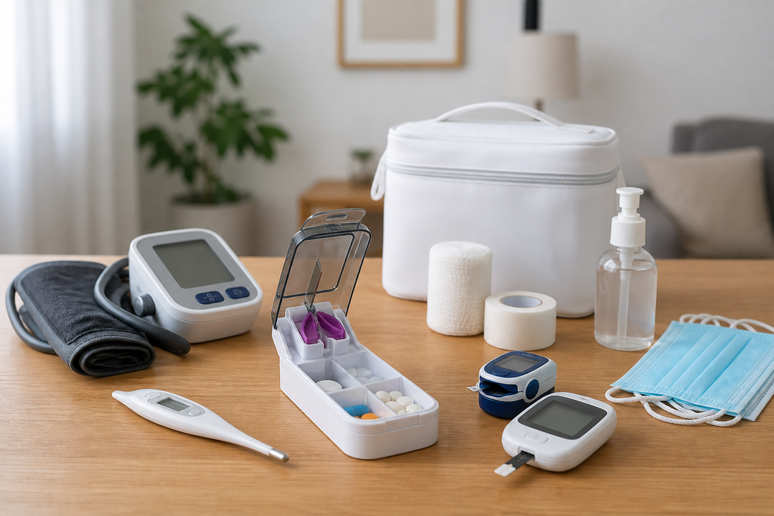 Kit de salud en casa con pastillero, termómetro, tensiómetro, oxímetro, glucómetro y botiquín ordenado