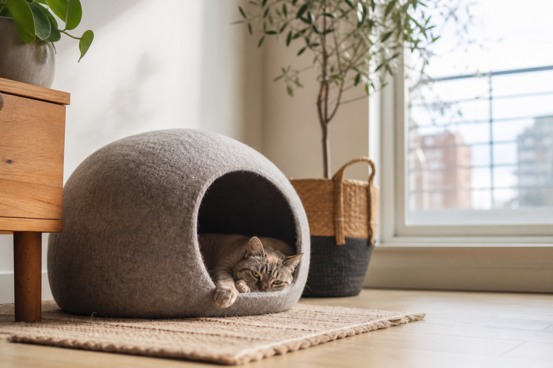 Gato descansando en una cama tipo cueva ubicada en un rincón tranquilo de la casa