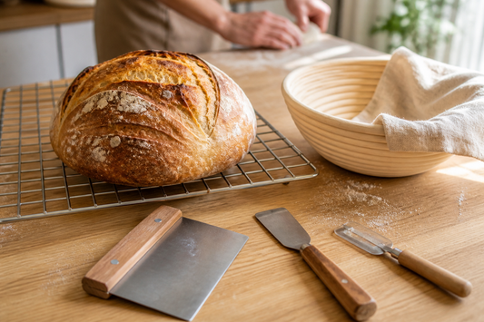 Hogaza de masa madre, banneton de rattan y herramientas de panadería artesanal sobre una mesa de cocina.