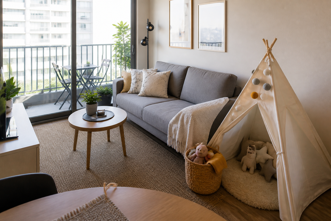 Carpa infantil compacta instalada en un rincón del living de un departamento