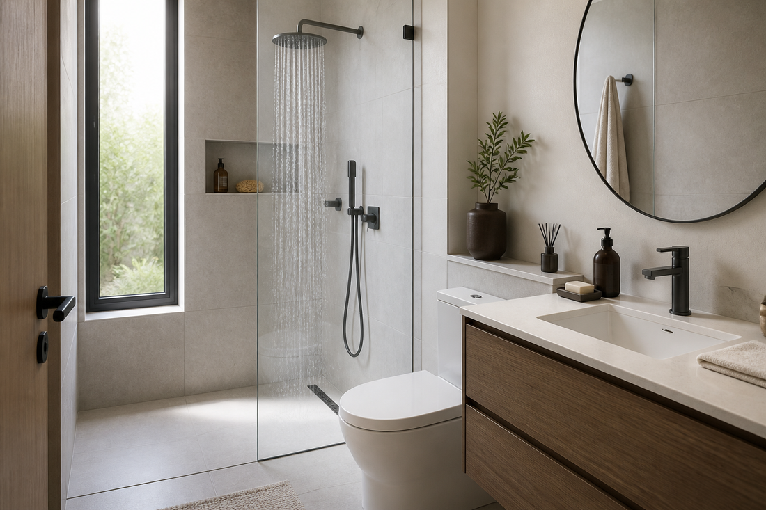 Ducha limpia con buen drenaje y accesorios para ducha ordenados
