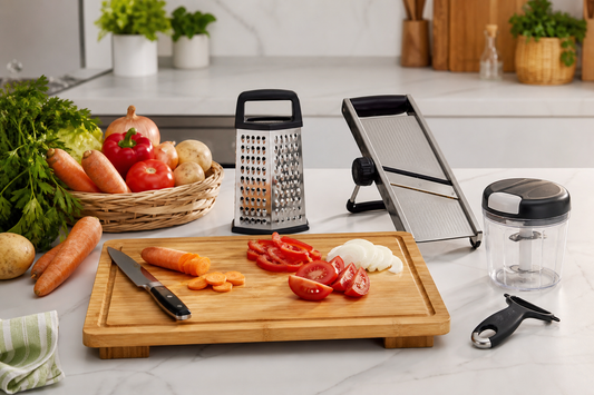 Utensilios de preparación con verduras frescas sobre una mesa de cocina chilena