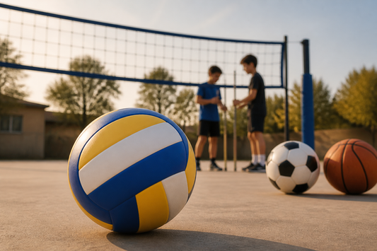 Balón de vóleibol en patio con red portátil y pelotas deportivas para práctica segura