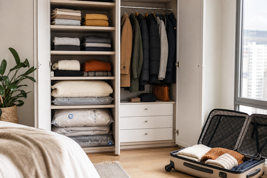 Clóset de invierno ordenado con ropa de abrigo comprimida y maleta preparada