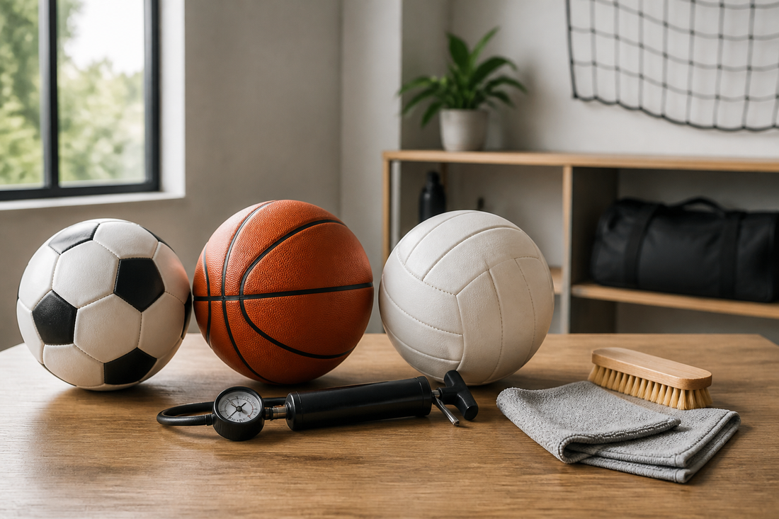 Balones de fútbol, básquetbol y vóleibol junto a implementos para limpieza e inflado.