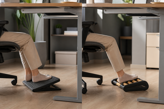 Comparación entre un reposapiés ergonómico y un reposapiés masajeador bajo un escritorio