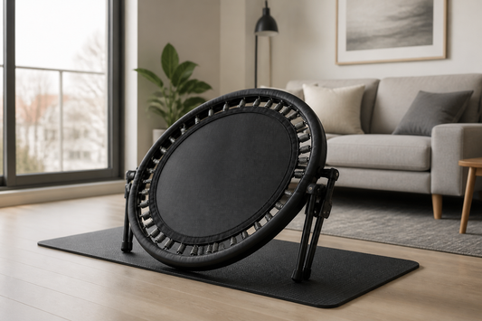 Trampolín fitness plegable de 100 cm en living de departamento con patas abatibles visibles