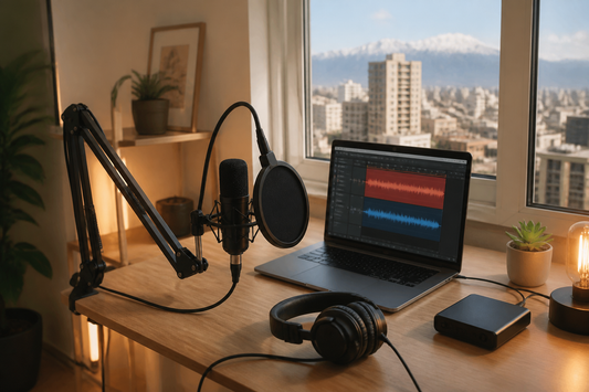 Micrófono tipo BM 800 en un estudio casero con brazo y antipop