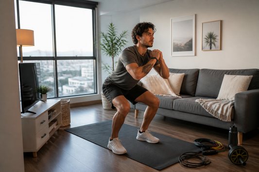 Persona haciendo entrenamiento funcional en casa con poco espacio y kit mínimo