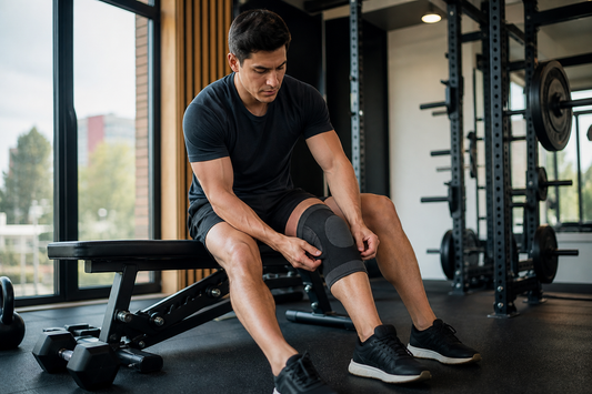 Deportista ajustando correctamente una rodillera deportiva antes de entrenar