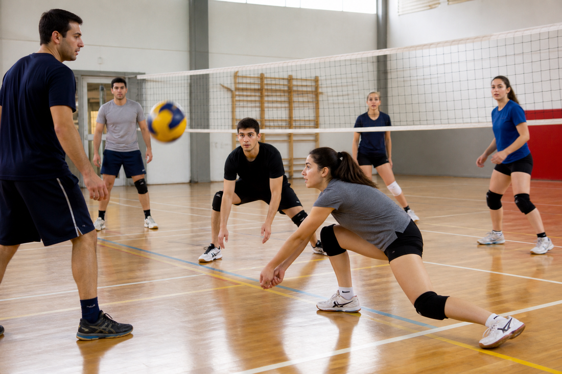 Jugadores usando rodilleras de volleyball durante un entrenamiento en gimnasio