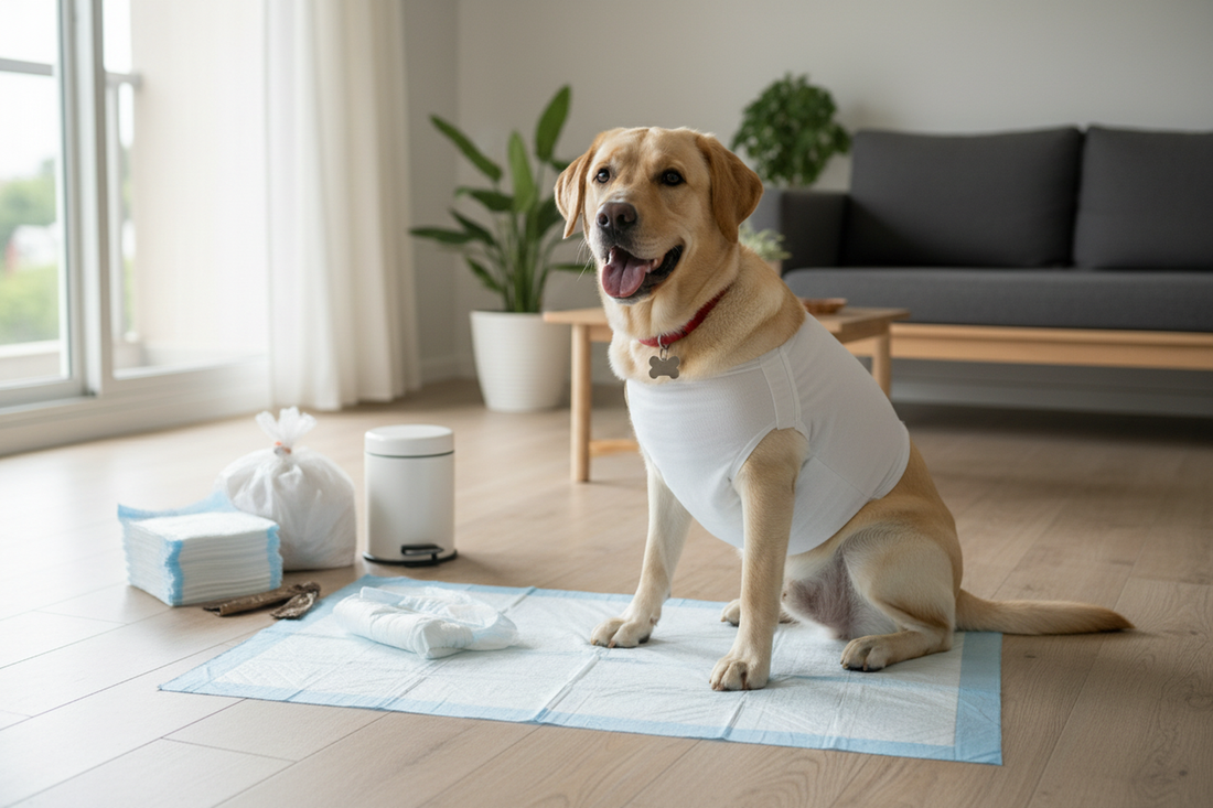 Perro pequeño con pañal, sabanillas y bolsas higiénicas en departamento