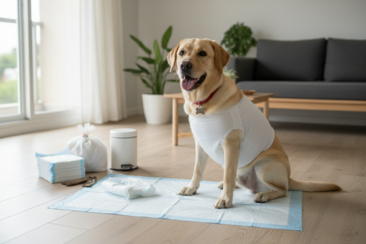 Perro pequeño con pañal, sabanillas y bolsas higiénicas en departamento