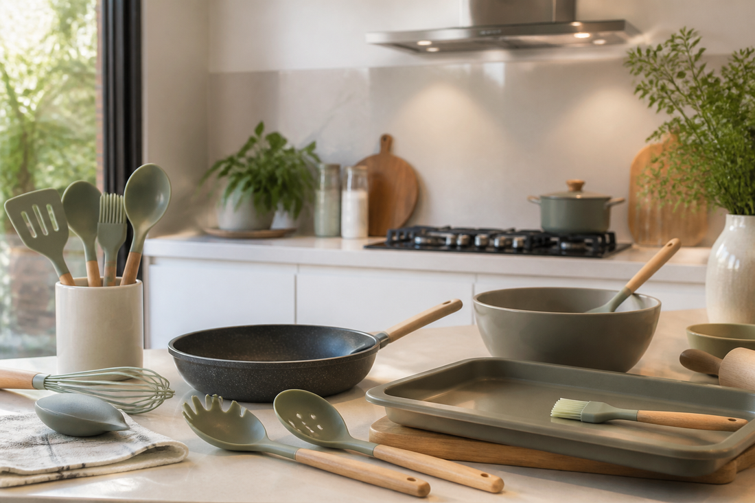 Utensilios de silicona para cocina junto a sartén antiadherente y bowl de repostería