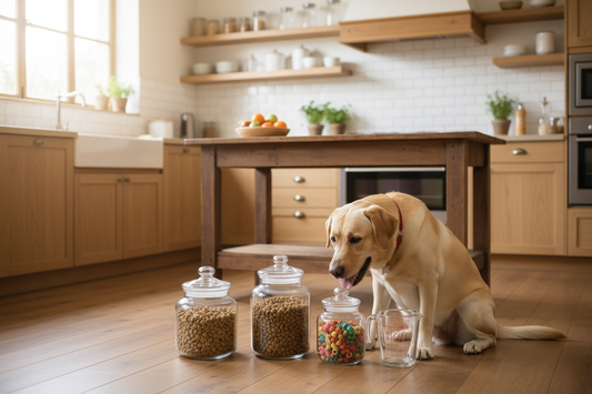 Contenedores de distintos tamaños para pellet, premios y porciones de alimento para perro