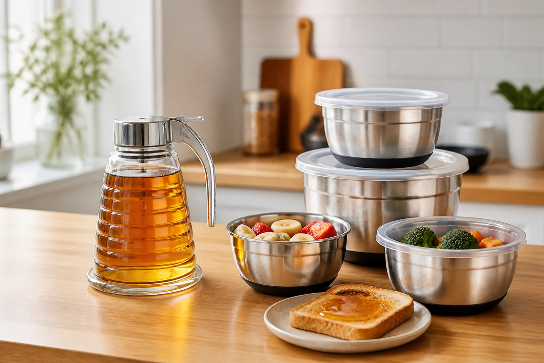 Dispensador de miel antigoteo junto a bowls herméticos de acero inoxidable