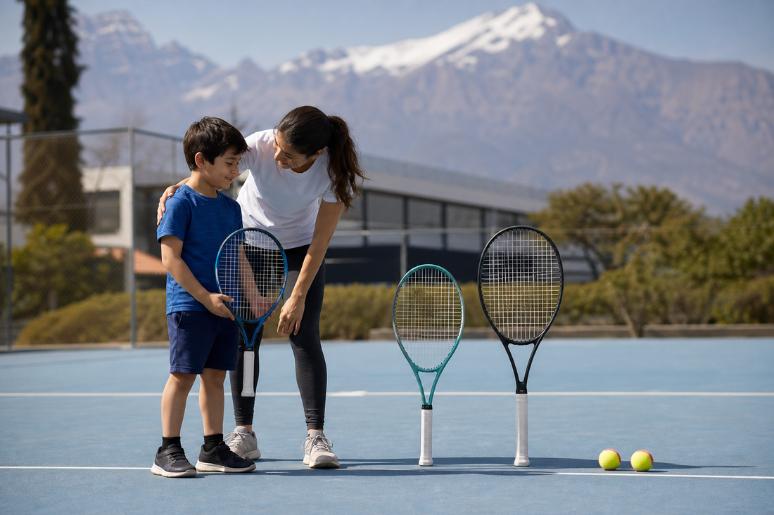 Niño y adulta comparan tres raquetas infantiles de distintos largos en una cancha de tenis en Chile