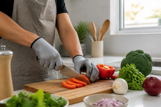 Uso seguro de guantes anticorte de cocina al cortar verduras