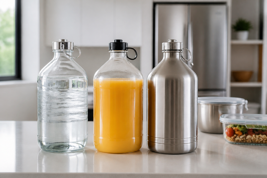Bidones reutilizables de 3 litros para agua, jugo y leche junto a un bowl hermético de meal prep