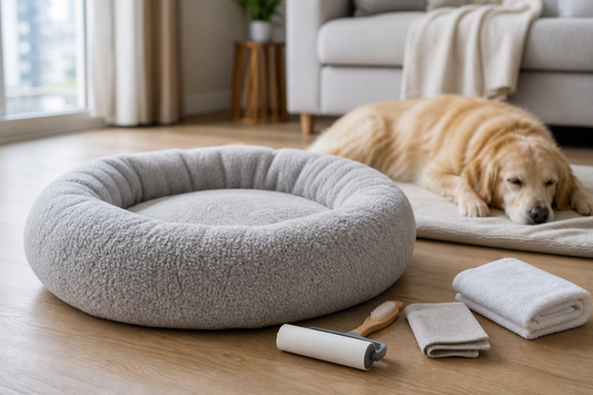 Cama de perro tipo dona limpia junto a accesorios de higiene en un hogar chileno