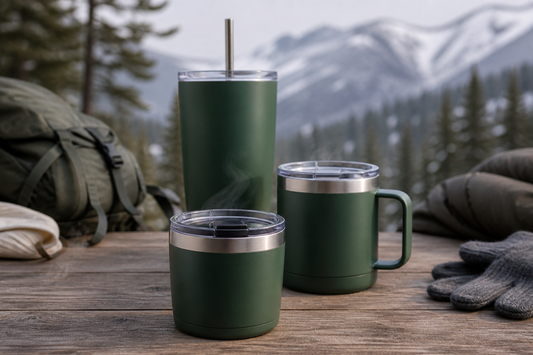 Vaso térmico verde, mug con asa y tumbler con sorbete en un camping invernal