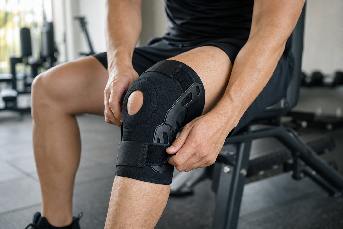 Persona ajustando una rodillera con soporte lateral antes de entrenar