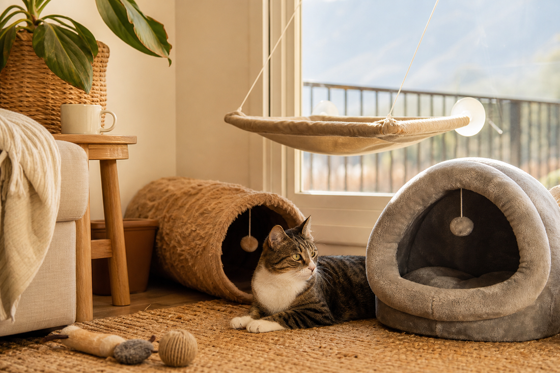 Gato junto a cama iglú, cueva, túnel y hamaca para comparar opciones de descanso